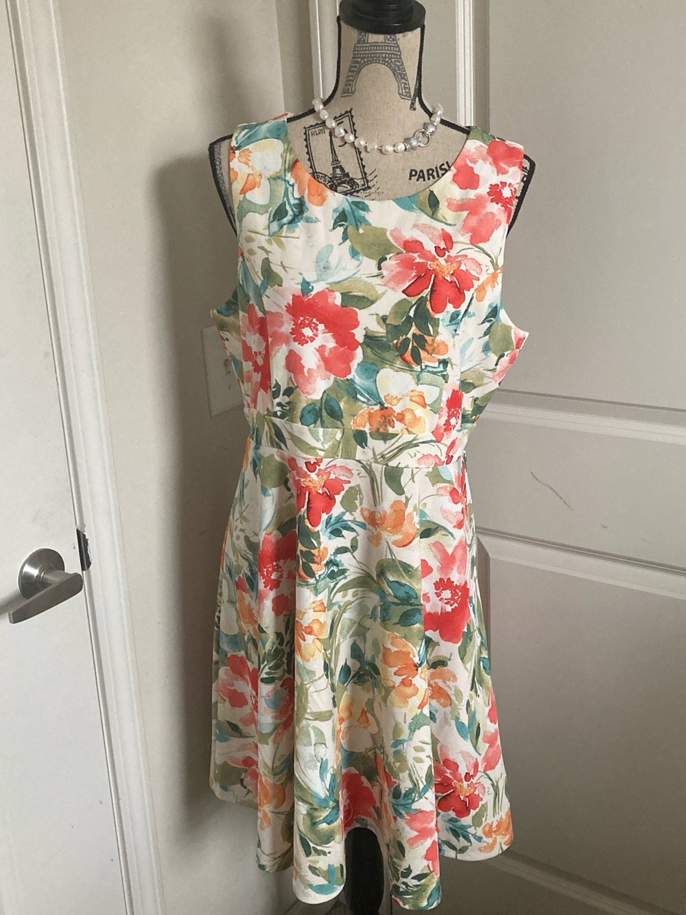 Speechless Cream Floral Sleeveless Midi Dress with Coral and Green Accents